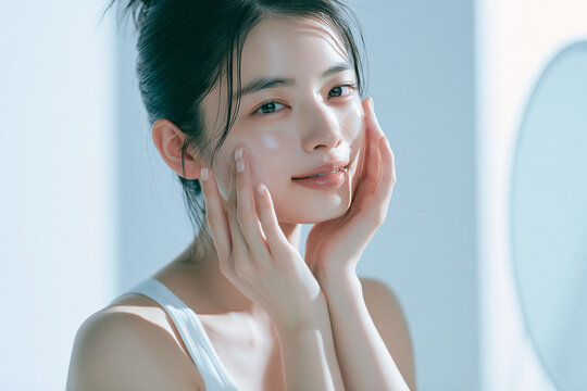 鏡の前で肌のケアをしているアジア人女性。美容、スキンケア用素材