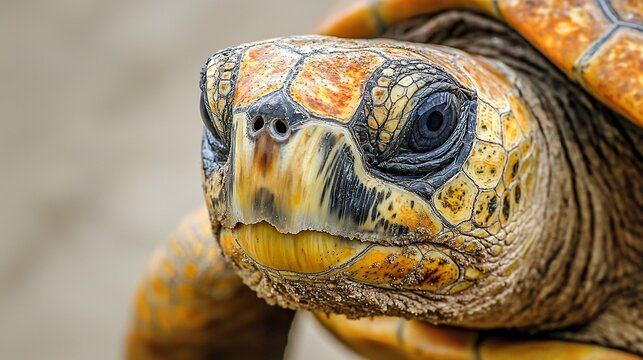 Close-up of a sea turtle's nostril and patterned skin on its head, breathing