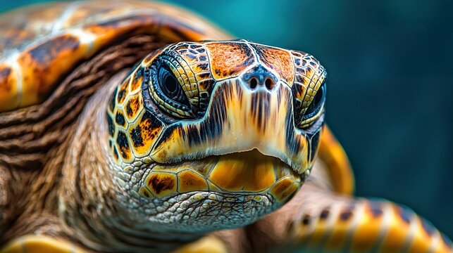 Close-up of a sea turtle's nostril and patterned skin on its head, breathing