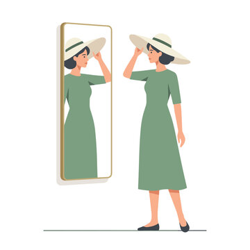 Woman in Green Dress Trying on Sun Hat Reflected in Full Length Mirror