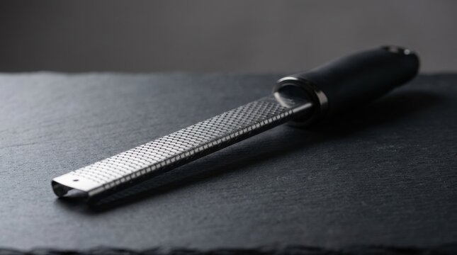 Metal Zester Grater Kitchen Tool Resting on Textured Slate Stone Surface Close Up Culinary Accessory for Cheese Vegetables Citrus Spices Preparation
