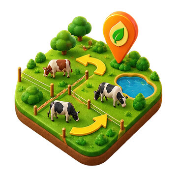 Isometric 3D illustration of a sustainable farm with grazing cows and a green leaf location pin