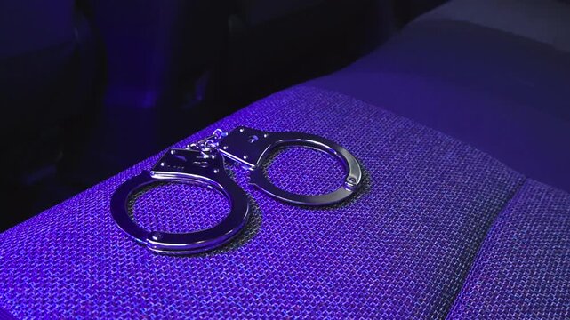 Steel handcuffs resting on the fabric of a car's back seat while the red and blue emergency lights of a police vehicle are flashing, creating a tense atmosphere of arrest and crime