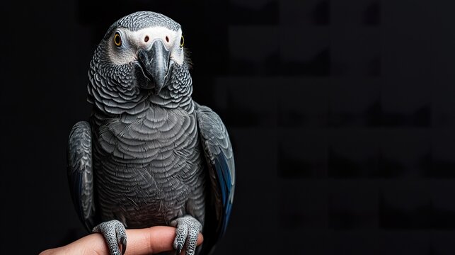 African grey parrot perched on a researcher's finger, gentle interaction, intelligent
