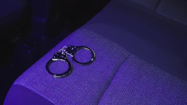 Metal handcuffs sitting on the back seat of a police car at night. Red and blue emergency lights from the police car are flashing, reflecting on the restraints during a crime scene investigation
