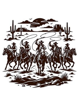 Cowboy Riding Horse Silhouette at Sunset, Wild Western Rider in Desert Landscape with Trees, Grass and Sky, Adventure Travel and Nature Vector Illustration