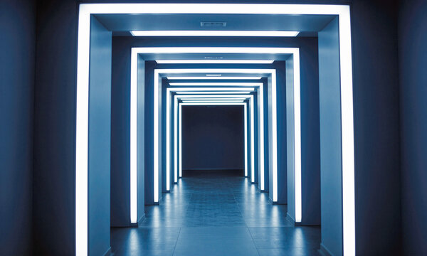Empty dark corridor featuring glowing white rectangular light frames creating deep perspective path modern futuristic hallway neon illumination interior architecture passage indoors