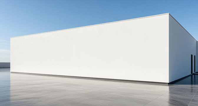 Modern white concrete building exterior featuring flat roof large empty terrace reflective stone floor under clear blue sky background outdoor architectural facade