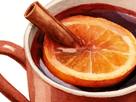 Warm beverage with orange slice and cinnamon stick in a mug