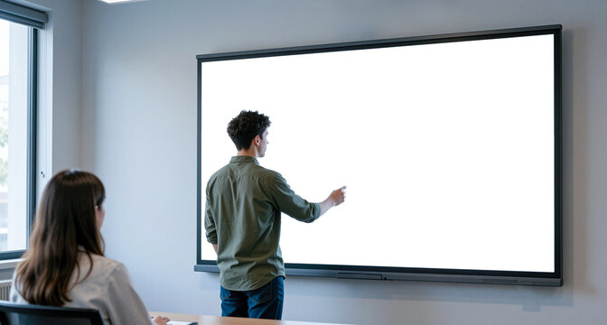 Young man standing inside corporate meeting room pointing toward large blank interactive display screen mounted on grey wall beside seated colleague