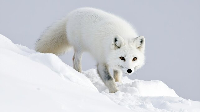 Arctic fox pouncing headfirst into deep snow, hunting small prey, energetic