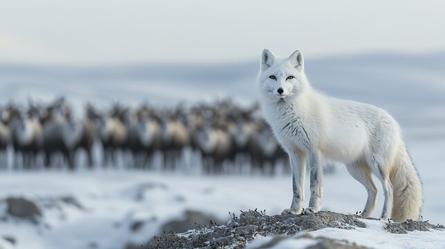 Arctic fox pouncing headfirst into deep snow, hunting small prey, energetic