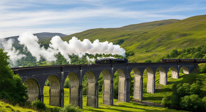Panoramic Landscape of a Valley with a Steam Train Crossing a Viaduct