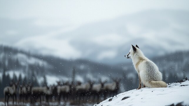 Arctic fox pouncing headfirst into deep snow, hunting small prey, energetic