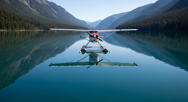 Seaplane Moored in Calm Bay Reflection Mountain Lake Wilderness Tranquil Aviation Scene