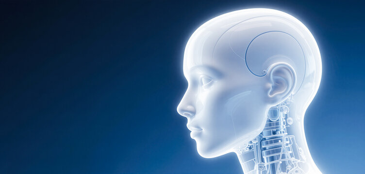 Futuristic translucent white female robot android head profile revealing internal mechanical components glowing brightly against dark blue studio background surface
