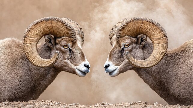 Bighorn sheep ram clashing horns with another, powerful, territorial display
