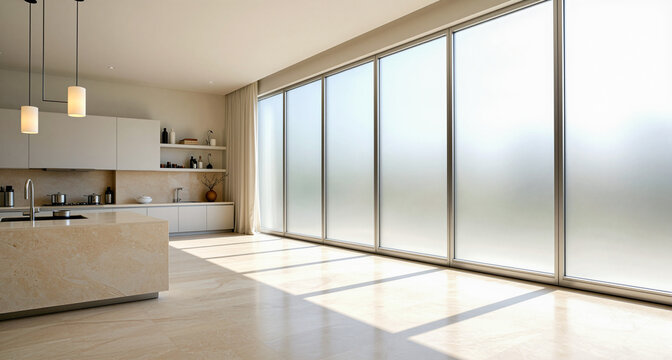 Spacious modern minimalist kitchen featuring light beige stone island counter beside large frosted glass sliding doors letting bright afternoon sunlight indoors