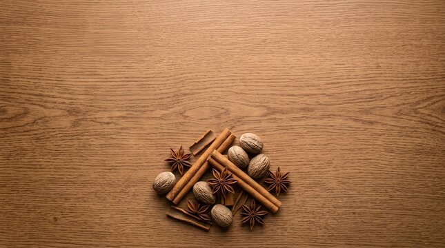 cinnamon sticks star anise and nutmeg whole spices on wood background