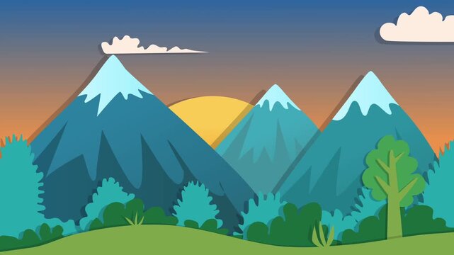 An animated video of a mountain landscape where the sun rises from behind the mountains and the sky becomes brighter 