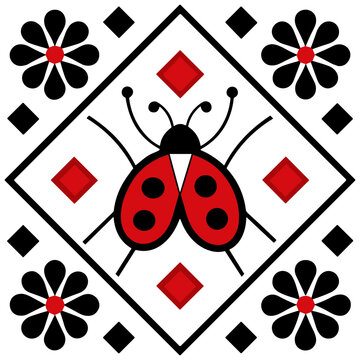 Red Ladybug with Floral Geometric Ornament, Decorative Insect and Flower Design, Editable Vector Isolated on Transparent Background