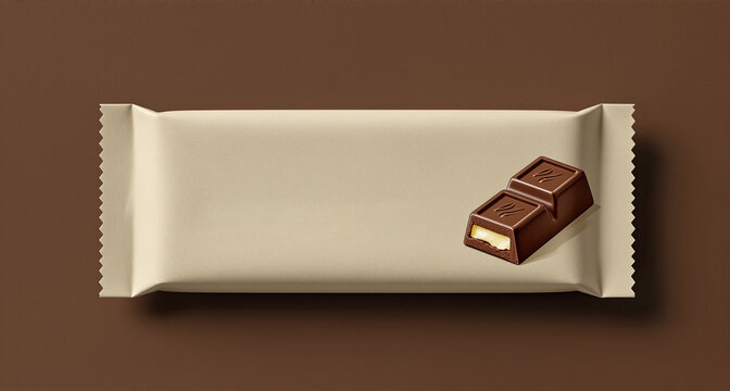 horizontal blank beige paper snack bar wrapper packaging mockup with sweet chocolate candy pieces resting on plain brown background top view