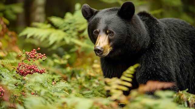 Black bear foraging for berries in a sun-dappled forest, peaceful, natural behavior
