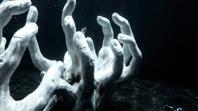 Eerie underwater scene with ghostly white coral-like structure and bubbles
