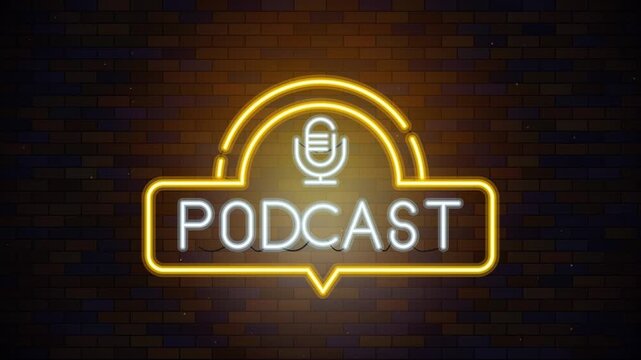 Glowing Neon Podcast Sign with Microphone Icon Flickering on Dark Brick Wall Background