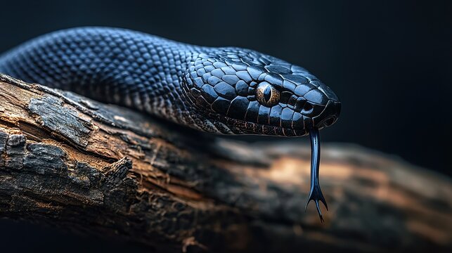 Black mamba snake poised to strike on a branch, intense, dangerous