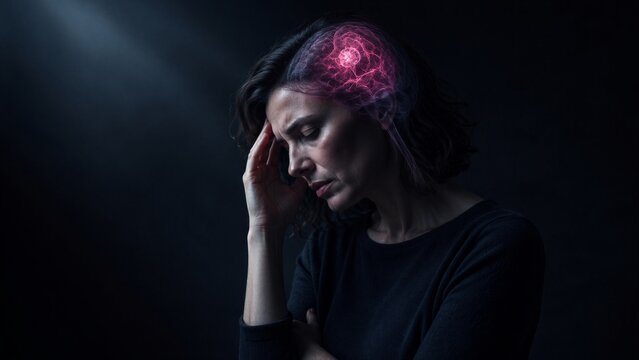 Woman holding temple with headache, glowing pink brain visualization over dark background. Migraine and brain activity concept. Neurology, pain research and mental health. Medical education