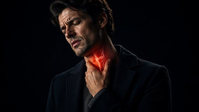 Man holding painful throat with glowing larynx on black background. Red neck inflammation close-up. Sore throat, laryngitis and thyroid concept. Healthcare, pain and patient care