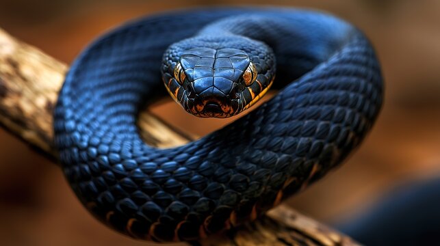 Black mamba snake poised to strike on a branch, intense, dangerous
