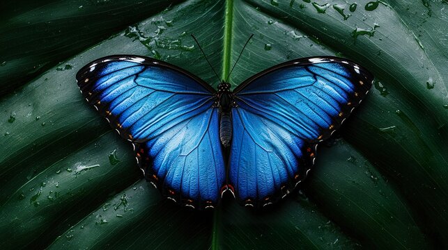 Blue morpho butterfly resting on a dew-covered leaf, vibrant blue, delicate