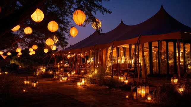 Luxury tented safari camp at night with glowing paper lanterns hanging from tree and candle lanterns lighting wooden pathway in evening atmosphere