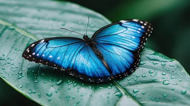 Blue morpho butterfly resting on a dew-covered leaf, vibrant blue, delicate