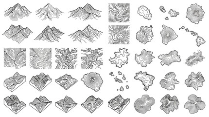 Obraz premium Detailed Topographic Map Illustrations Featuring Various Mountain Ranges Landmasses and Geological Terrain Contour Lines