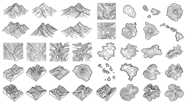 Detailed Topographic Map Illustrations Featuring Various Mountain Ranges Landmasses and Geological Terrain Contour Lines