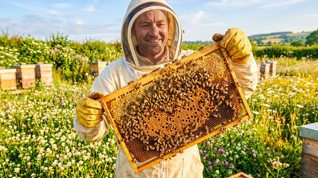 Happy beekeeper wearing protective bee suit holding wooden honeycomb frame covered in honey bees in sunny wildflower meadow apiary garden