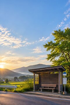 Empty Rural Bus Stop under a Colorful Sky