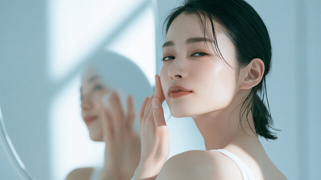 鏡の前で肌のケアをしているアジア人女性。美容、スキンケア用素材