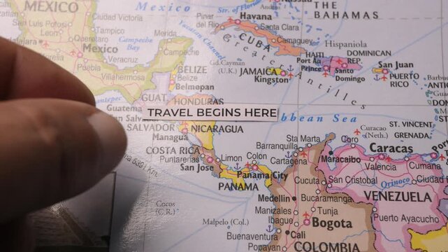 Travel Begins Here snippet on map of Central America