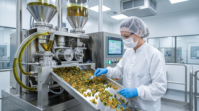 female operator inspecting golden softgel capsules machine supplement manufacturing pills worker vitamins production tray industry healthcare technician pharma laboratory quality