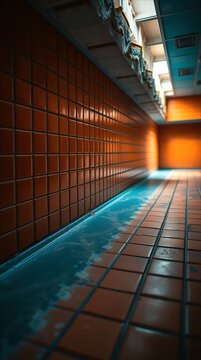 Empty indoor swimming pool with orange tiled walls and blue water.