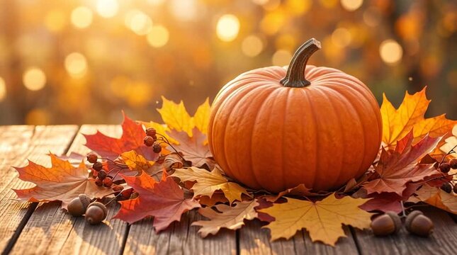 Single orange pumpkin surrounded by autumn leaves and pine cones on a wooden table with warm golden lights in the background