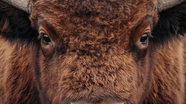 Close-up of a bison's thick, coarse fur around its powerful neck, rugged