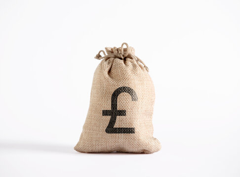 Burlap money bag showing pound sterling symbol