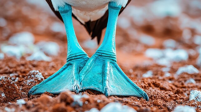 Close up of a blue-footed booby's bright blue foot on a rocky surface