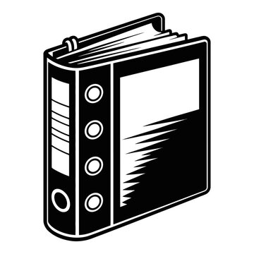 Ring binder with open pages is depicted as a black silhouette