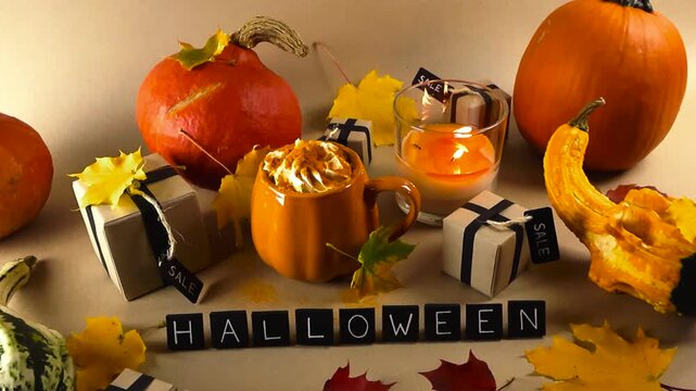 Autumnal Halloween scene featuring pumpkins, gift boxes with sale tags, and a warm pumpkin spice latte, creating a cozy and festive atmosphere for holiday shopping and seasonal celebration
